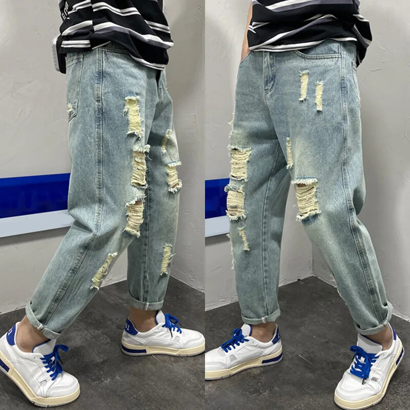 Moderns zīmola vīriešu džinsi vasaras stils, mazas pēdas apgrieztas bikses, brīvas, daudzpusīgas harēma bikses, lauku stila moderns tētis