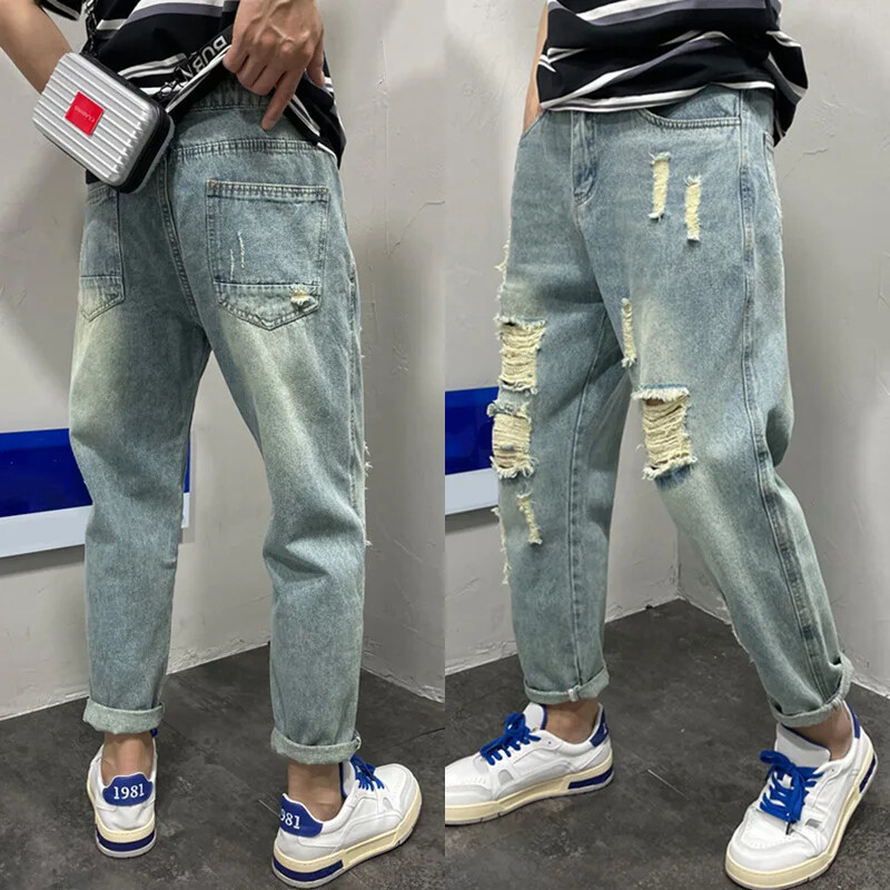 Moderns zīmola vīriešu džinsi vasaras stils, mazas pēdas apgrieztas bikses, brīvas, daudzpusīgas harēma bikses, lauku stila moderns tētis
