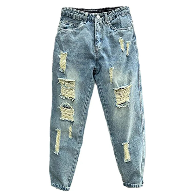 Moderns zīmola vīriešu džinsi vasaras stils, mazas pēdas apgrieztas bikses, brīvas, daudzpusīgas harēma bikses, lauku stila moderns tētis