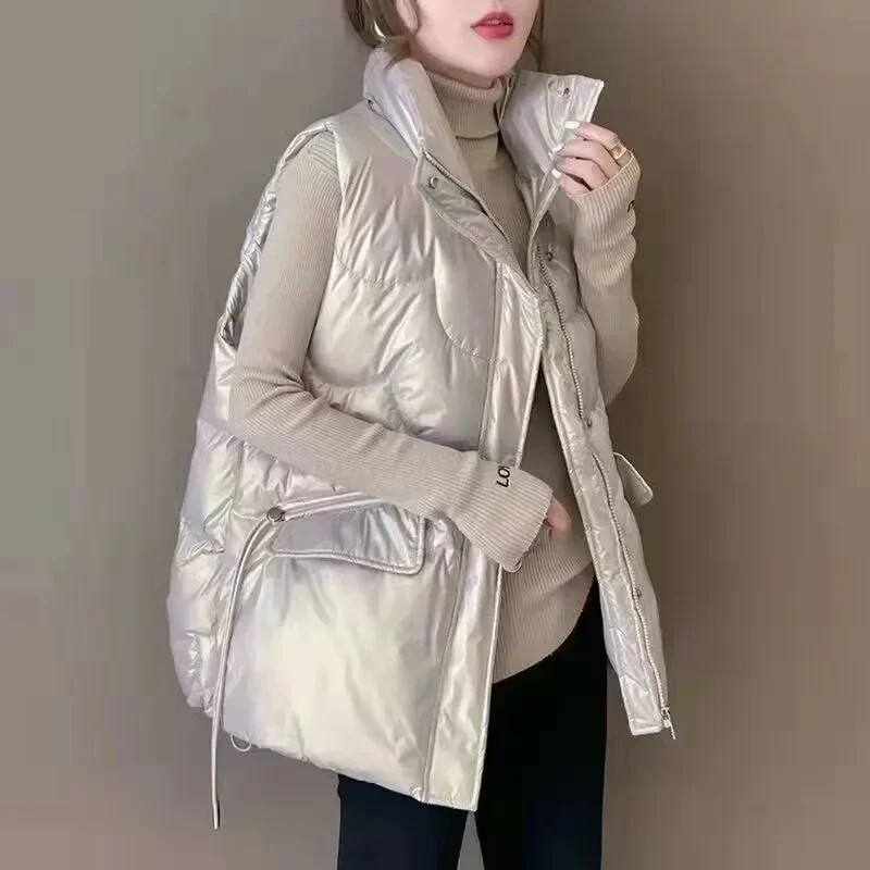 Vestă cu guler în picioare, scurtă, la modă pentru femei, vestă pentru îmbrăcăminte exterioară de iarnă, versiunea coreeană 2024, vestă din bumbac lucios fără spălare.