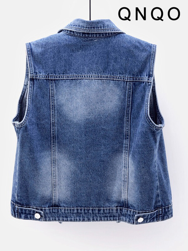 QNQO Veste din denim pentru femei, buzunare, nasturi, crop top casual, vara 2024, noua modă, guler răsturnat, veste cu îmbinare fără mâneci