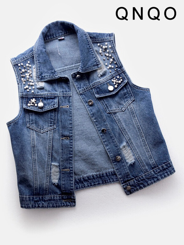 QNQO Veste din denim pentru femei, buzunare, nasturi, crop top casual, vara 2024, noua modă, guler răsturnat, veste cu îmbinare fără mâneci