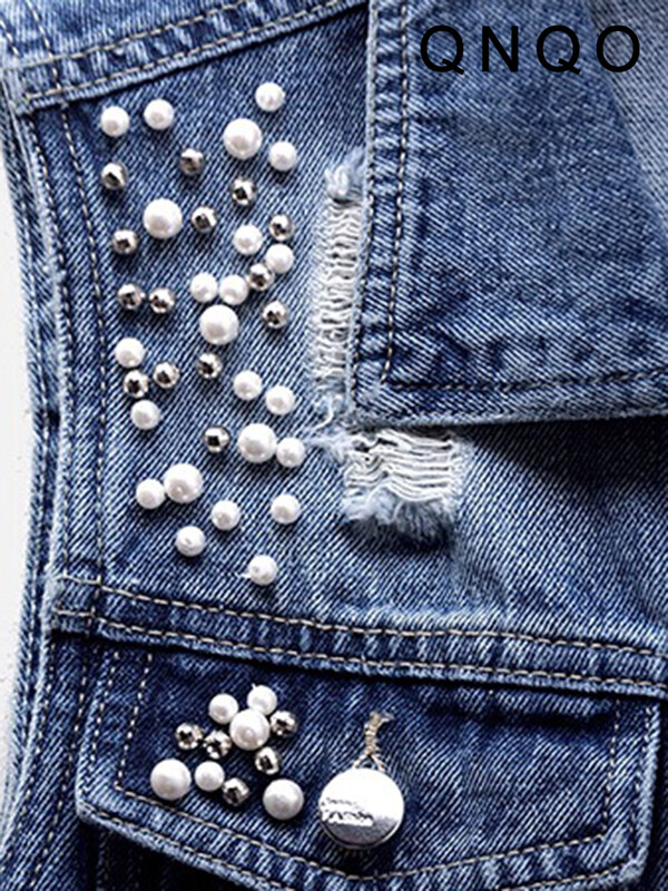 QNQO Veste din denim pentru femei, buzunare, nasturi, crop top casual, vara 2024, noua modă, guler răsturnat, veste cu îmbinare fără mâneci