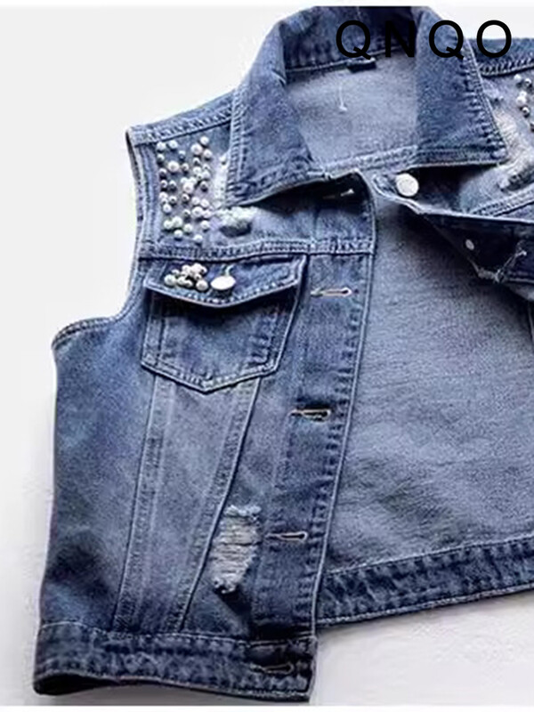 QNQO Veste din denim pentru femei, buzunare, nasturi, crop top casual, vara 2024, noua modă, guler răsturnat, veste cu îmbinare fără mâneci