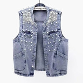 2023 Νέο καλοκαιρινό γυναικείο τζιν γιλέκο με χάντρες αμάνικα μπλουζάκια κομμένα streetwear Jean τζάκετ Κορεατικό γιλέκο μόδας