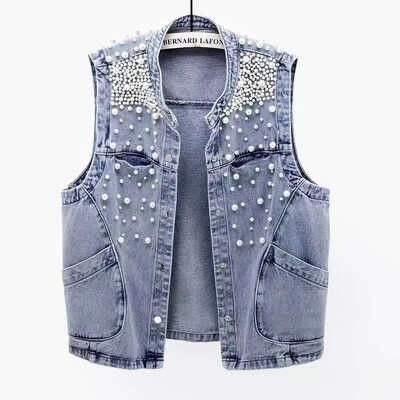 2023 Νέο καλοκαιρινό γυναικείο τζιν γιλέκο με χάντρες αμάνικα μπλουζάκια κομμένα streetwear Jean τζάκετ Κορεατικό γιλέκο μόδας