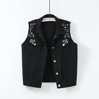 Spalvingos džinsinės liemenės, moteriškos pavasario-vasaros džinsai, trumpa striukė Naujos skylutės nagų karoliukai be rankovių švarkas Sweetheart viršutinės moteriškos liemenės