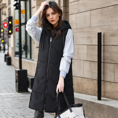 2023-as téli női ujjatlan mellény, hosszú pehely pamut dzseki tömör koreai kapucnis, párnázott kabát Női mellény Női divat, alkalmi kabát