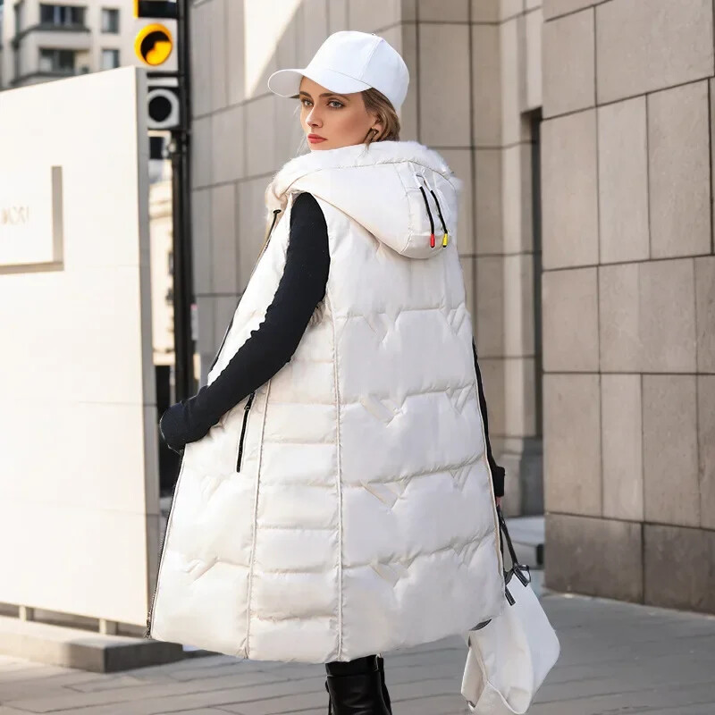 2023-as téli női ujjatlan mellény, hosszú pehely pamut dzseki tömör koreai kapucnis, párnázott kabát Női mellény Női divat, alkalmi kabát