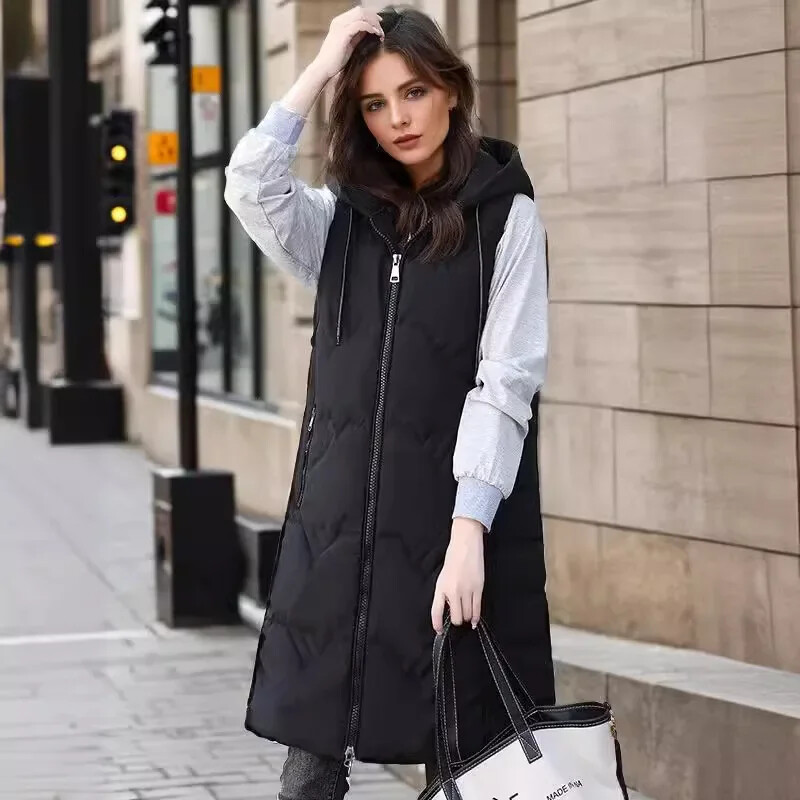 2023-as téli női ujjatlan mellény, hosszú pehely pamut dzseki tömör koreai kapucnis, párnázott kabát Női mellény Női divat, alkalmi kabát