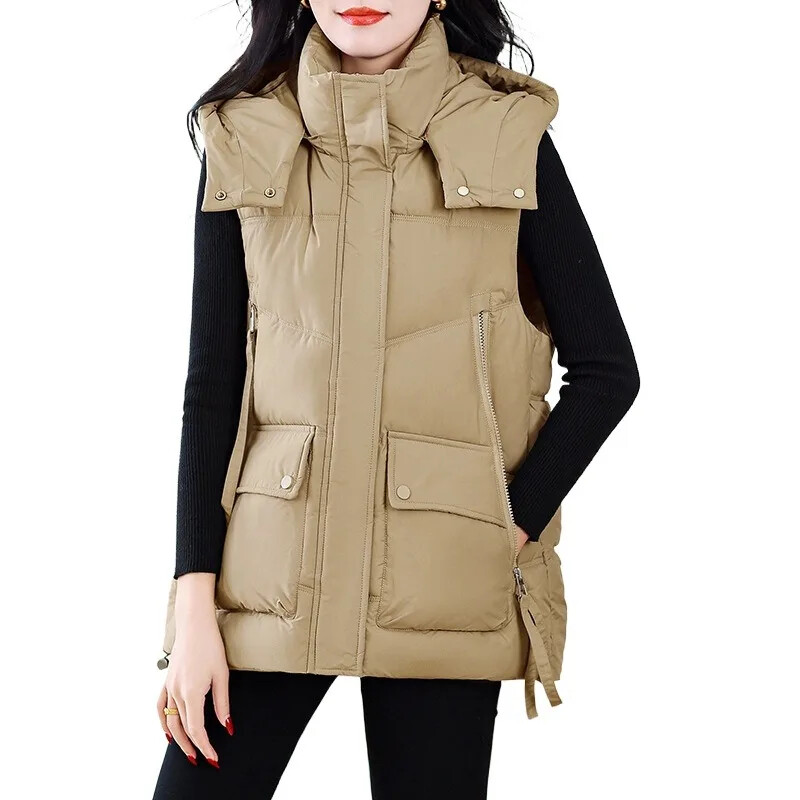 Toamnă și iarnă Vestă din bumbac cu puf pentru femei, versiune coreeană, cu umăr liber, vestă exterioară, ocazională, cu guler ridicat.