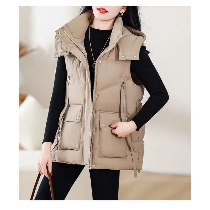 Toamnă și iarnă Vestă din bumbac cu puf pentru femei, versiune coreeană, cu umăr liber, vestă exterioară, ocazională, cu guler ridicat.