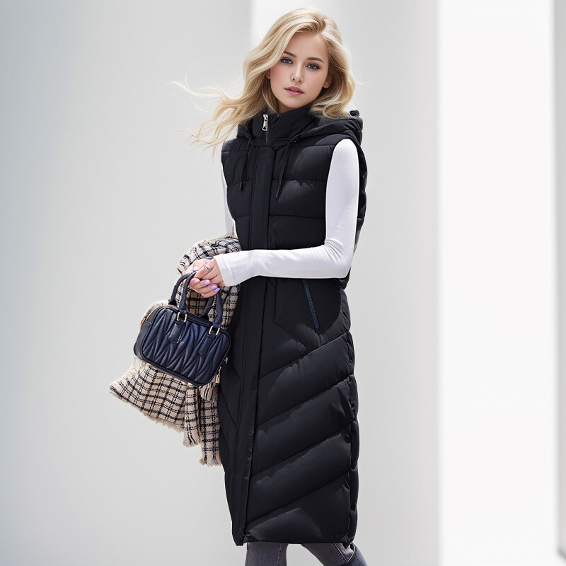 Vestă lungă de iarnă de modă 2024 îmbrăcăminte exterioară pentru femei cu glugă, jachete de iarnă groase, calde, haine de femeie, parka din bumbac, fără mâneci