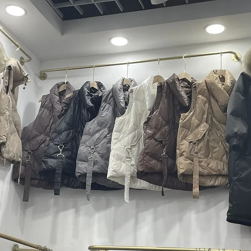 2024 Χειμερινό πουπουλένιο βαμβακερό γυναικείο γιλέκο Φαρδύ μονόχρωμο αμάνικο παλτό Γυναικείο μαύρο λευκό ζεστό γιλέκο Φθινοπωρινό ελαφρύ γιλέκο