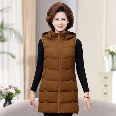 Női mellények téli kabát 2024 új ujjatlan mellények kapucnis, bélelt kabát hosszú kabátok koreai divat mellény női