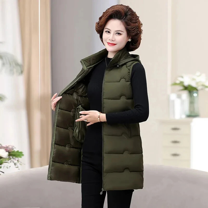 Női mellények téli kabát 2024 új ujjatlan mellények kapucnis, bélelt kabát hosszú kabátok koreai divat mellény női