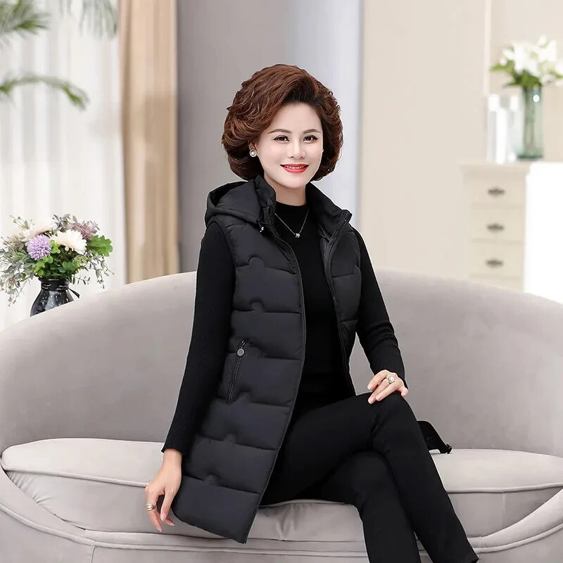 Női mellények téli kabát 2024 új ujjatlan mellények kapucnis, bélelt kabát hosszú kabátok koreai divat mellény női