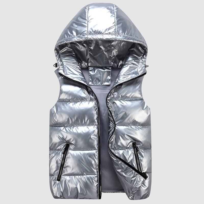 Rudens žiemos moteriškas paminkštintas blizgantis liemeninis striukė Tvirtas užtrauktuku su gobtuvu burbulinis paltas su kišene Lengvas berankoves moteriškas viršutinis drabužis