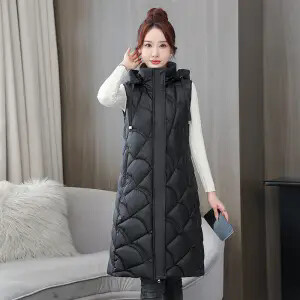 Vestă din bumbac cu glugă detașabilă de lungime mijlocie de iarnă pentru femei, la modă nouă, cu fermoar, fără mâneci, vestă pentru femei B611