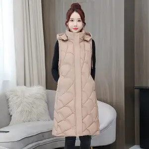 Vestă din bumbac cu glugă detașabilă de lungime mijlocie de iarnă pentru femei, la modă nouă, cu fermoar, fără mâneci, vestă pentru femei B611