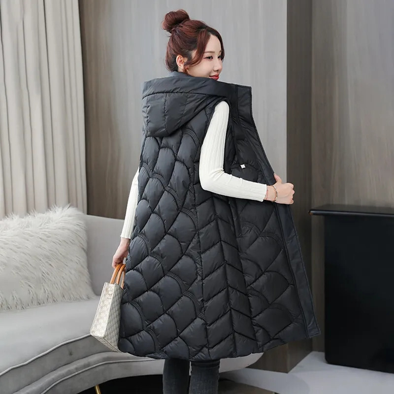 Vestă din bumbac cu glugă detașabilă de lungime mijlocie de iarnă pentru femei, la modă nouă, cu fermoar, fără mâneci, vestă pentru femei B611