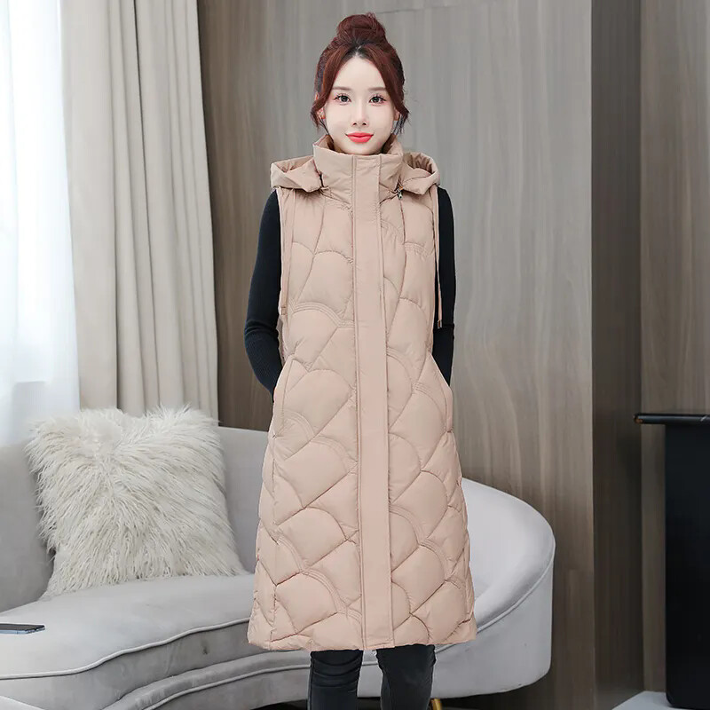 Vestă din bumbac cu glugă detașabilă de lungime mijlocie de iarnă pentru femei, la modă nouă, cu fermoar, fără mâneci, vestă pentru femei B611