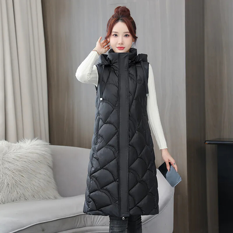 Vestă din bumbac cu glugă detașabilă de lungime mijlocie de iarnă pentru femei, la modă nouă, cu fermoar, fără mâneci, vestă pentru femei B611