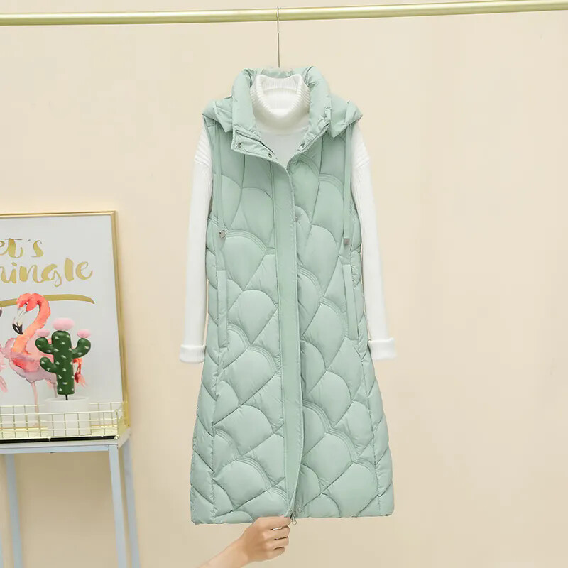 Vestă din bumbac cu glugă detașabilă de lungime mijlocie de iarnă pentru femei, la modă nouă, cu fermoar, fără mâneci, vestă pentru femei B611