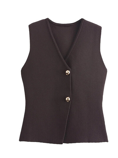 Elegáns, egyszínű, V-nyakú kötött mellény női divatos, egysoros ujjatlan karcsú mellény, női új, 2024-es elegáns kötöttáru