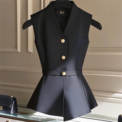 Limiguyue Toamna High End Negru Vest Cardigan Femei Mici Parfum Slim Vest Jachetă Decolteu în V Neregulat Tank Tops Office Lady 464P