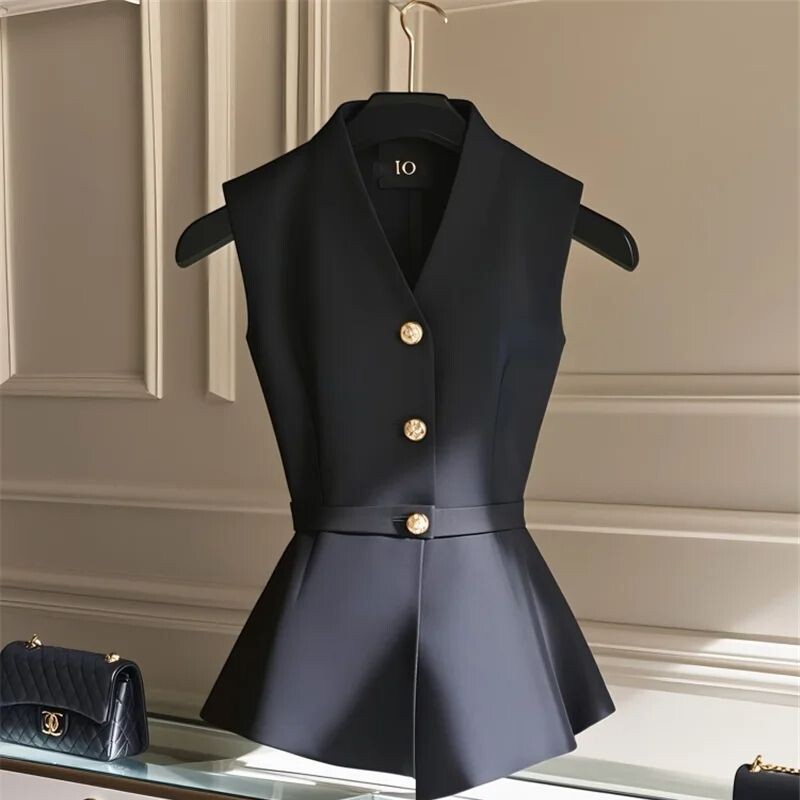 Limiguyue Toamna High End Negru Vest Cardigan Femei Mici Parfum Slim Vest Jachetă Decolteu în V Neregulat Tank Tops Office Lady 464P