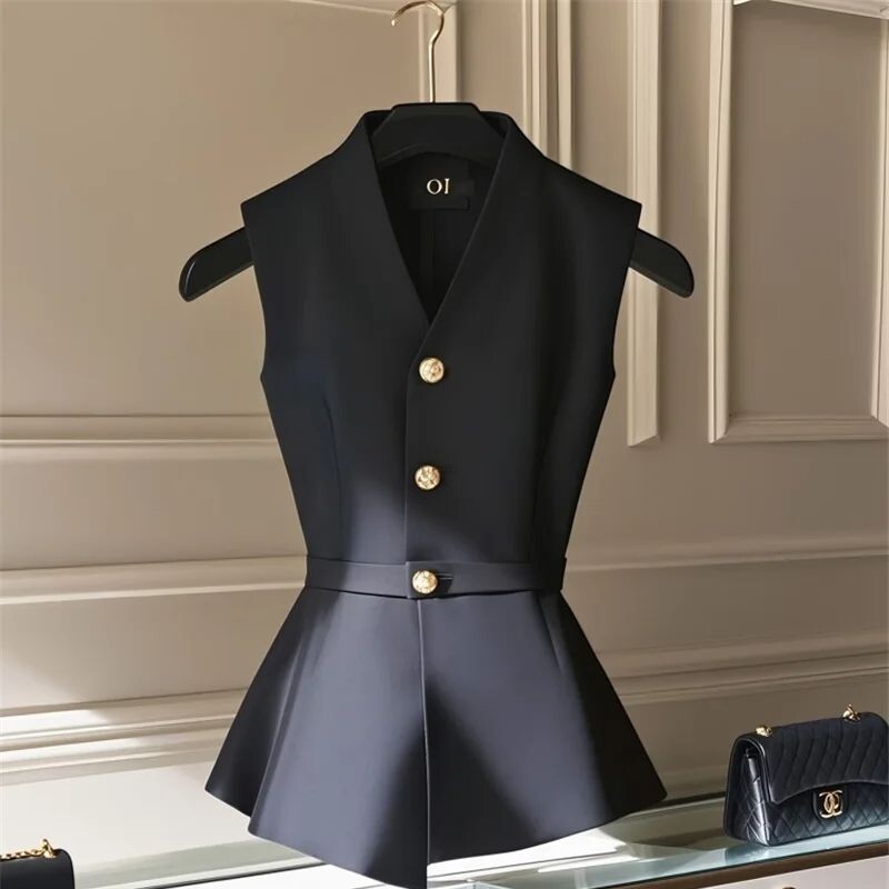 Limiguyue Toamna High End Negru Vest Cardigan Femei Mici Parfum Slim Vest Jachetă Decolteu în V Neregulat Tank Tops Office Lady 464P