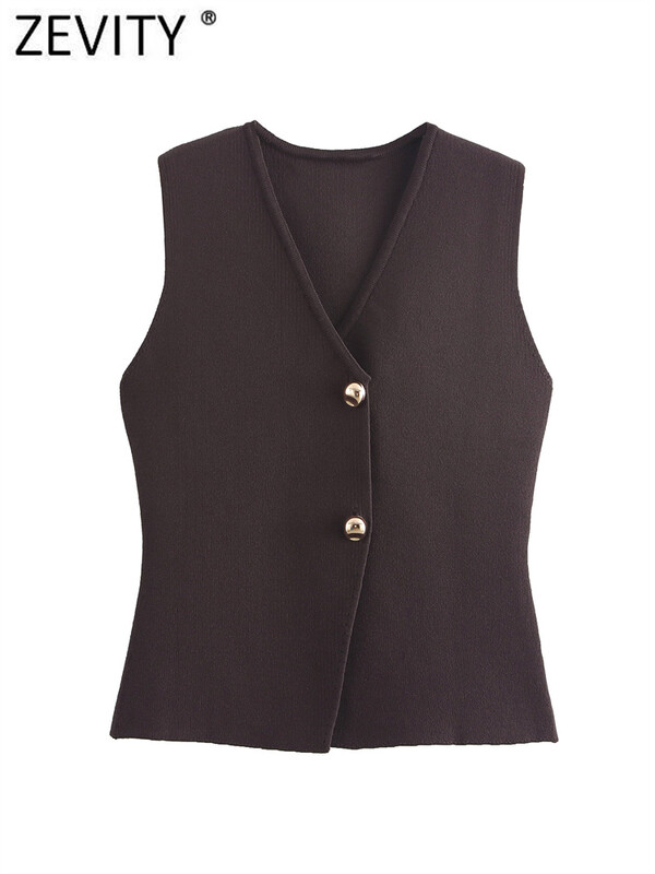 Zevity New Women Fashion V kaklo be rankovių auksinėmis sagomis megztas liemeninis megztinis moteriškas elegantiškas vienspalvis plonas megztinis LS6273