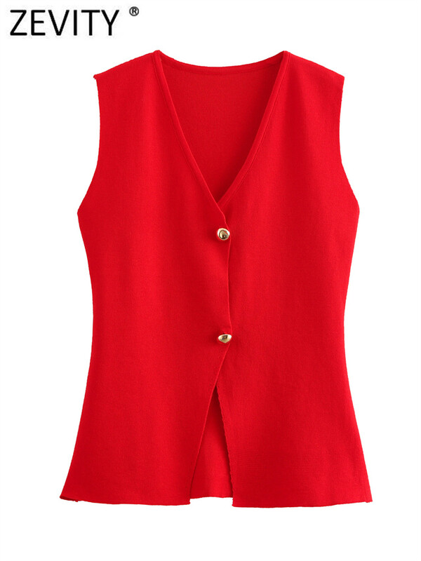 Zevity New Women Fashion V kaklo be rankovių auksinėmis sagomis megztas liemeninis megztinis moteriškas elegantiškas vienspalvis plonas megztinis LS6273