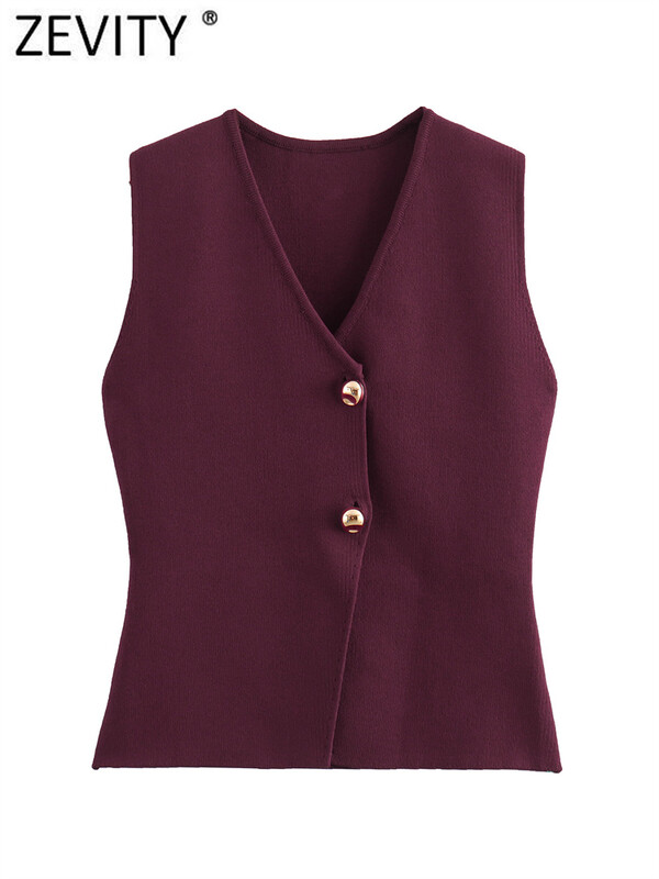 Zevity New Women Fashion V kaklo be rankovių auksinėmis sagomis megztas liemeninis megztinis moteriškas elegantiškas vienspalvis plonas megztinis LS6273