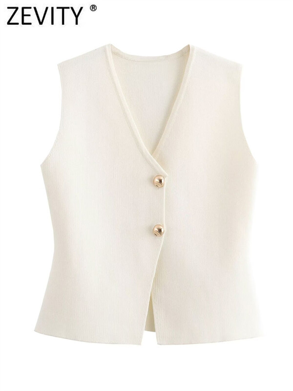 Zevity New Women Fashion V kaklo be rankovių auksinėmis sagomis megztas liemeninis megztinis moteriškas elegantiškas vienspalvis plonas megztinis LS6273