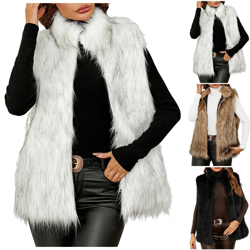 Női őszi és téli műszőrme mellény állógallér egyszínű ujjatlan elöl nyíló mellények Elegáns irodai ingázási felsők