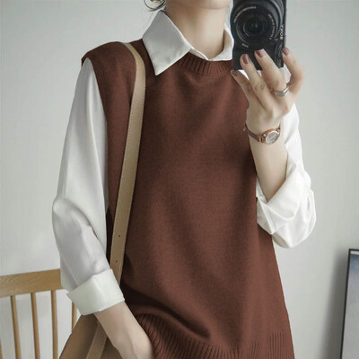 Őszi és téli egyszínű mellény, női koreai változat, laza hasított, sokoldalú kötött ujjatlan, kerek nyakú vállpulóver