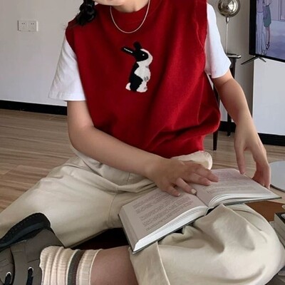 Rudens moteriška megztinė liemenė, laisvalaikio formos iškirptė, paprastos rankovės Harajuku Rabbit žakardo vintažinis megztinis, universalūs megzti viršutiniai drabužiai Nauja