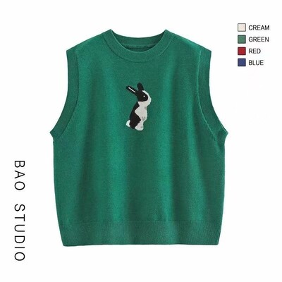 Rudens moteriška megztinė liemenė, laisvalaikio formos iškirptė, paprastos rankovės Harajuku Rabbit žakardo vintažinis megztinis, universalūs megzti viršutiniai drabužiai Nauja