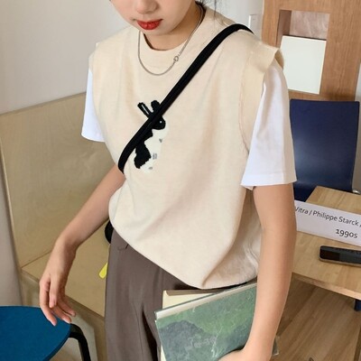 Rudens moteriška megztinė liemenė, laisvalaikio formos iškirptė, paprastos rankovės Harajuku Rabbit žakardo vintažinis megztinis, universalūs megzti viršutiniai drabužiai Nauja