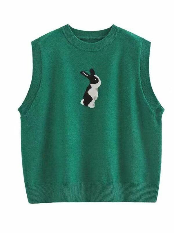 Rudens moteriška megztinė liemenė, laisvalaikio formos iškirptė, paprastos rankovės Harajuku Rabbit žakardo vintažinis megztinis, universalūs megzti viršutiniai drabužiai Nauja