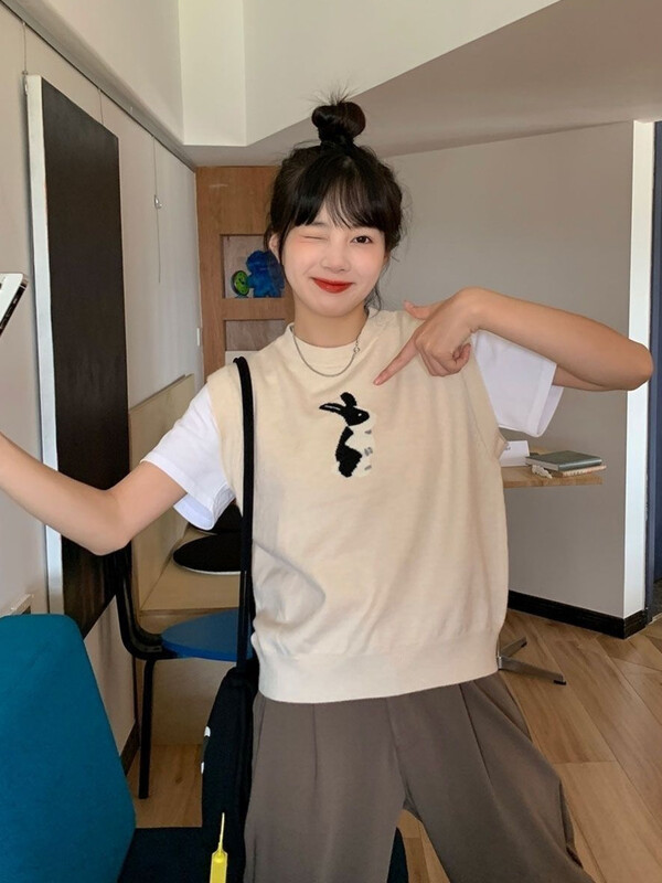 Rudens moteriška megztinė liemenė, laisvalaikio formos iškirptė, paprastos rankovės Harajuku Rabbit žakardo vintažinis megztinis, universalūs megzti viršutiniai drabužiai Nauja