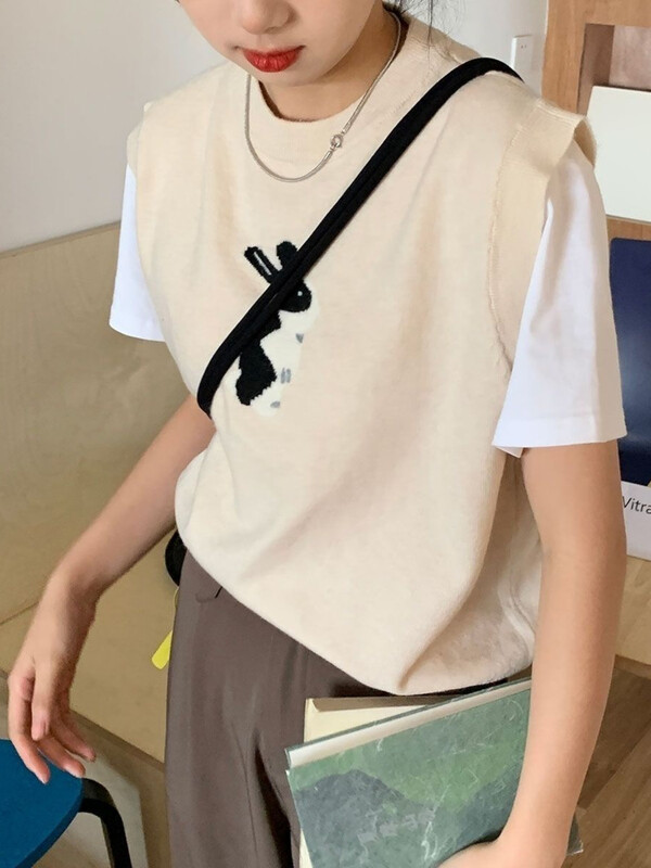 Rudens moteriška megztinė liemenė, laisvalaikio formos iškirptė, paprastos rankovės Harajuku Rabbit žakardo vintažinis megztinis, universalūs megzti viršutiniai drabužiai Nauja