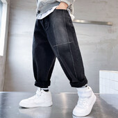 Berniukams skirta rudens ir žiemos mada aukštu juosmeniu Vienspalviai džinsai Laisvalaikio universalūs, madingi aktyvūs vaikiški vaikiški rūbai kelnės