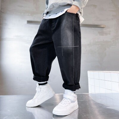 Berniukams skirta rudens ir žiemos mada aukštu juosmeniu Vienspalviai džinsai Laisvalaikio universalūs, madingi aktyvūs vaikiški vaikiški rūbai kelnės