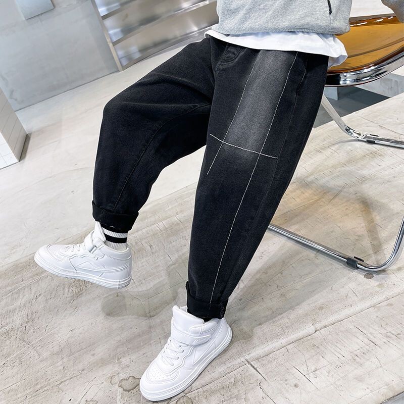 Berniukams skirta rudens ir žiemos mada aukštu juosmeniu Vienspalviai džinsai Laisvalaikio universalūs, madingi aktyvūs vaikiški vaikiški rūbai kelnės