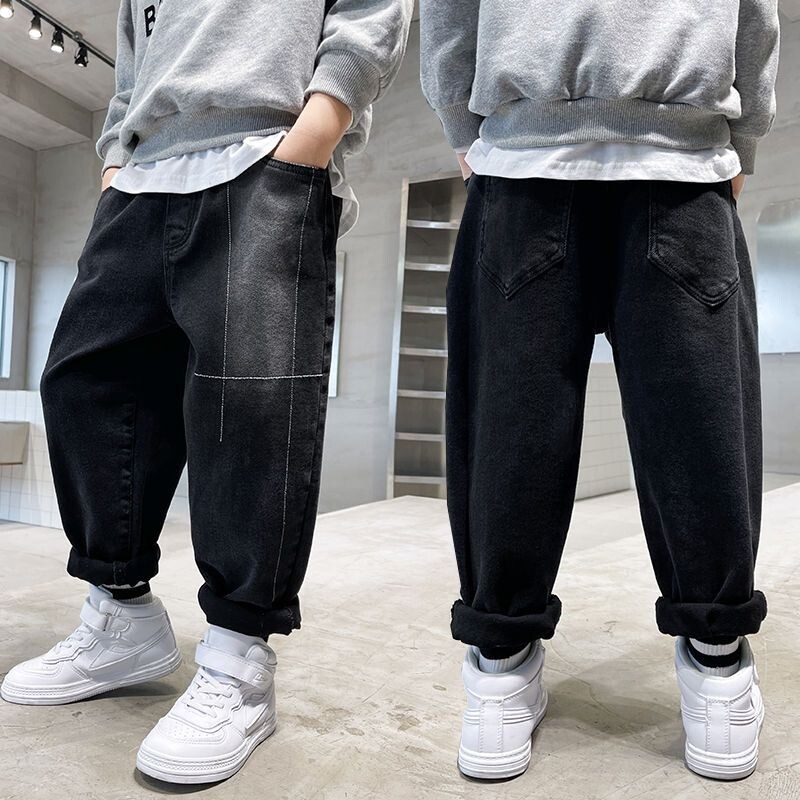 Berniukams skirta rudens ir žiemos mada aukštu juosmeniu Vienspalviai džinsai Laisvalaikio universalūs, madingi aktyvūs vaikiški vaikiški rūbai kelnės