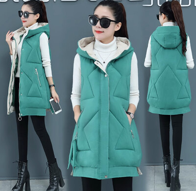 Női téli ujjatlan pamut párnázott kapucnis mellény, hosszú mellény, melegen lefelé pamut kabát női felsőruházat női, új Parkas oversize mellény