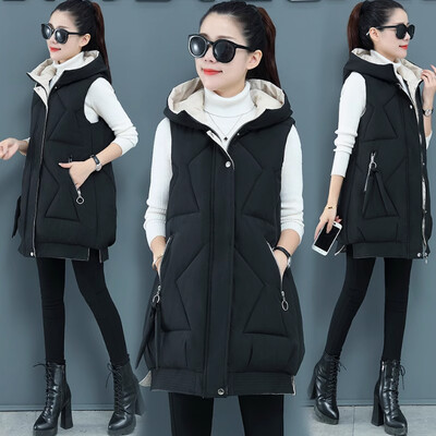 Női téli ujjatlan pamut párnázott kapucnis mellény, hosszú mellény, melegen lefelé pamut kabát női felsőruházat női, új Parkas oversize mellény